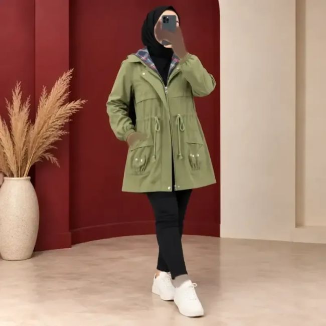 کاپشن زنانه کلاهدار جنس کتان ضخیم پاییزه و زمستانه
