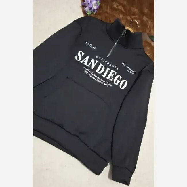 دورس نیم زیپ اسپرت زنانه پسرانه SANDIEGO جنس دورس سه نخ گرم بالا درجه یک رنگ مشکی سبز زیتونی فری سایز