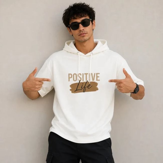 تی شرت مردانه کلاهدار پنبه ای طرح حروف مدل positive