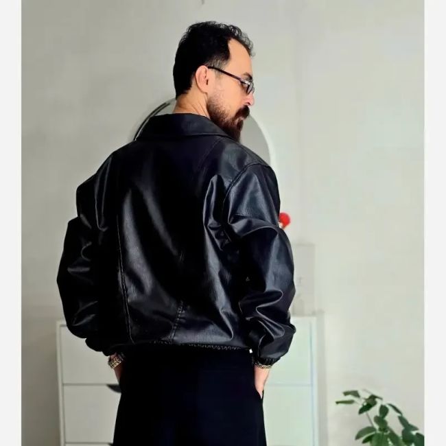 کاپشن چرم مصنوعی مردانه مشکی آستین کش سایز L تا 2XL