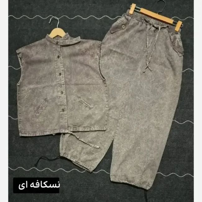 ست وست و شلوار جین زنانه مدل دلین سنگشور شده فول بگ گت دار