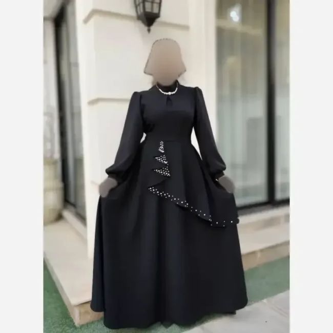 پیراهن مجلسی زنانه کرپ مازراتی مدل ستاره به همراه تل اسکارف و سنجاق یقه