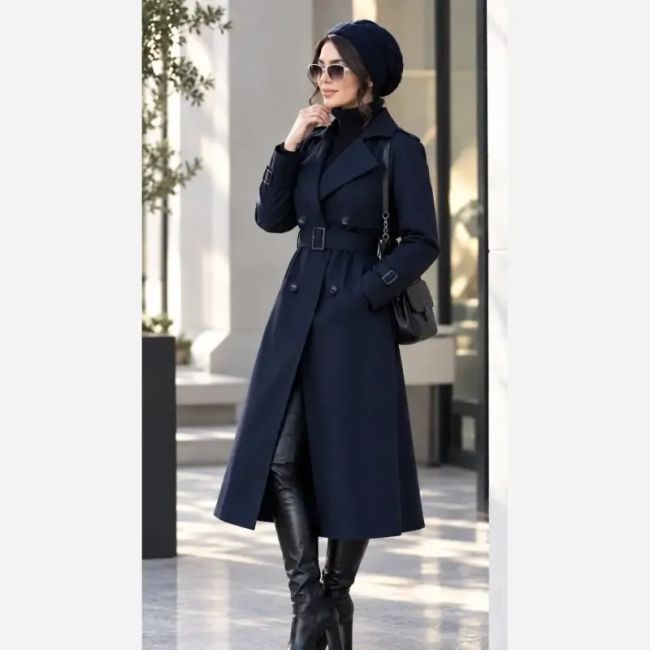 مانتو پاییزه زنانه کتان کجراه گرم با کمربند و جیب کاربردی