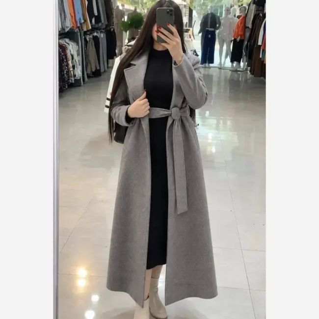 پالتو زنانه فوتر کوبیده بلند مدل شانا با کمربند رنگبندی متنوع
