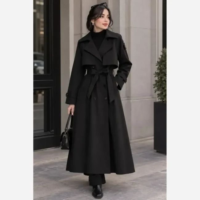 ترنچ کت زنانه کتان TC کجراه مدل ماریا قد 120 سایز 36 تا 54