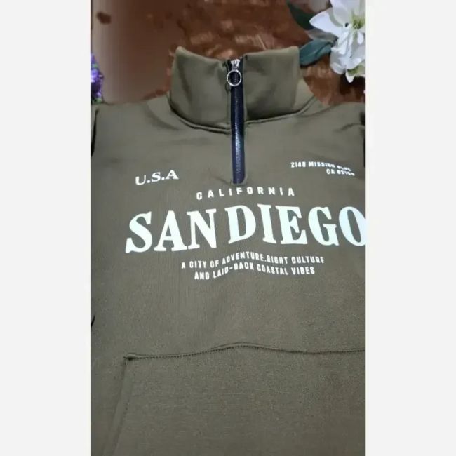 دورس نیم زیپ اسپرت زنانه پسرانه SANDIEGO جنس دورس سه نخ گرم بالا درجه یک رنگ مشکی سبز زیتونی فری سایز