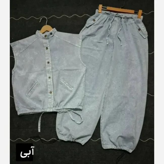 ست وست و شلوار جین زنانه مدل دلین سنگشور شده فول بگ گت دار