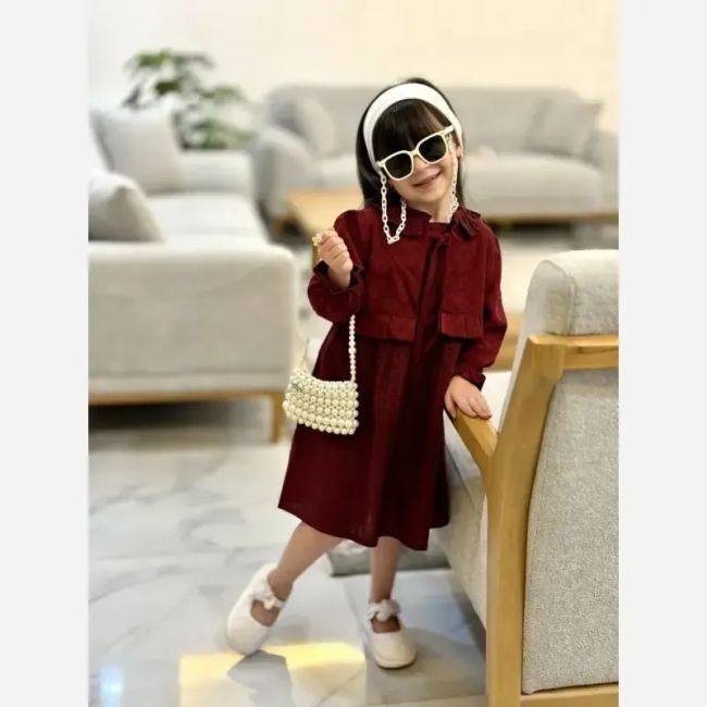 کت و سارافون دخترانه مخمل کبریتی و کتان تافته رنگ زرشکی مناسب 2 تا 9 سال