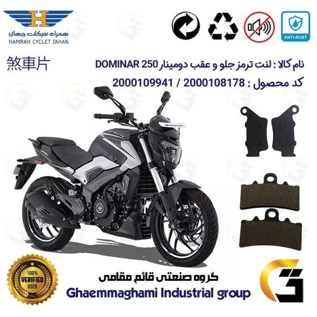 پک اقتصادی لنت ترمز جلو و عقب موتور سیکلت  کد 1134179 مناسب برای دومینار 250 BAJAJ DOMINAR همراه سیکلت جهان